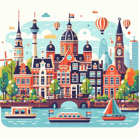 Amsterdam, Netherlands cityscape. Vector illustration in flat style.のイラスト素材
