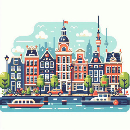 Amsterdam cityscape, Netherlands. Vector illustration in flat style.のイラスト素材