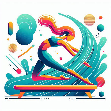 Athletic young woman running on surfboard. Vector illustrationのイラスト素材