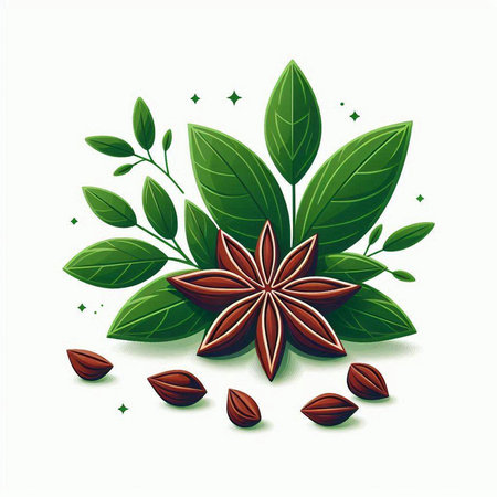 Illustration of star anise with green leaves on a white backgroundのイラスト素材