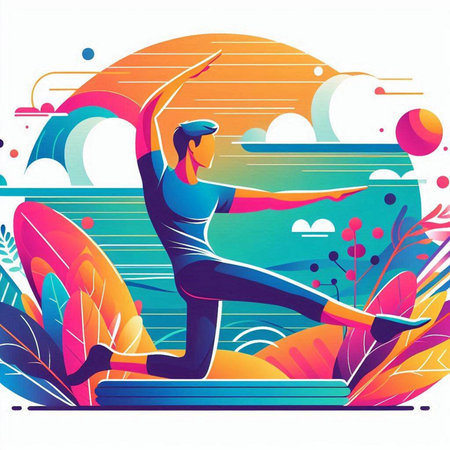 Young man doing yoga in nature. Vector illustration in flat style.のイラスト素材