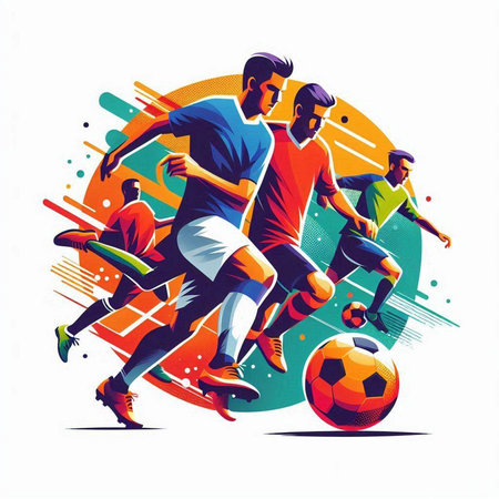 Soccer players with ball, sport vector illustration. Soccer player kicking the ball.のイラスト素材