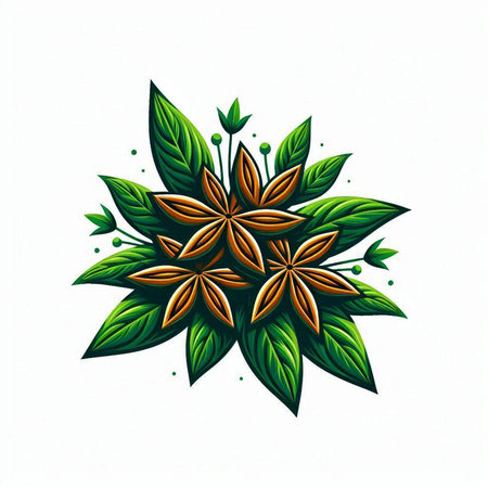 Illustration of star anise with green leaves on a white backgroundのイラスト素材