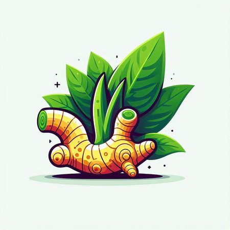 Ginger root with green leaves. Vector illustration for your design.のイラスト素材