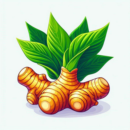 Ginger root with green leaves on white background. Vector illustration.のイラスト素材