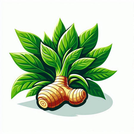 ginger root with green leaves isolated on white background, vector illustrationのイラスト素材