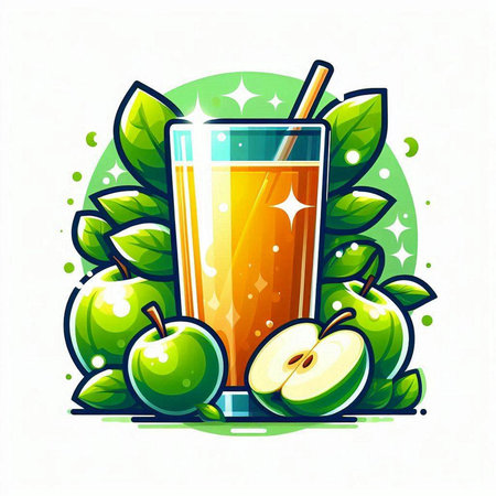 Glass of fresh apple juice with green apples and straw. Vector illustration.のイラスト素材