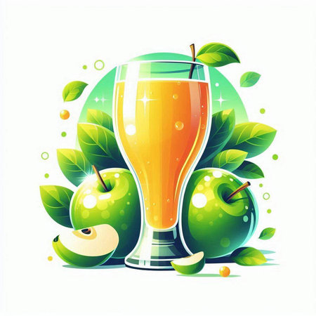 Glass of apple juice with green apples and leaves. Vector illustration.のイラスト素材