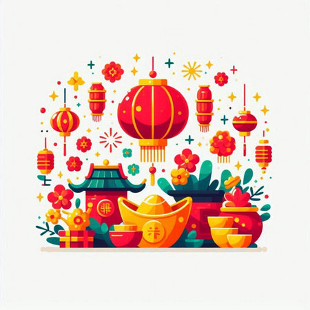 Chinese New Year flat vector illustration with lanterns, lanterns, flowers and lanternsのイラスト素材