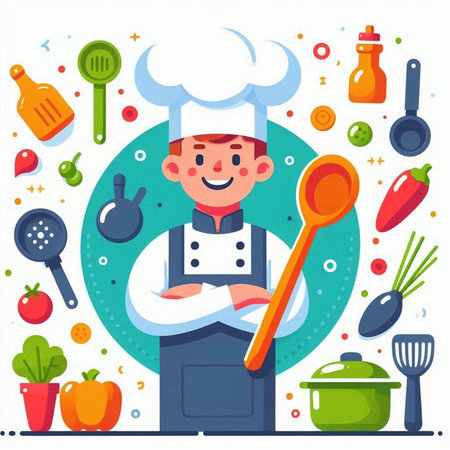Chef man with cooking tools. Vector illustration in flat style.のイラスト素材