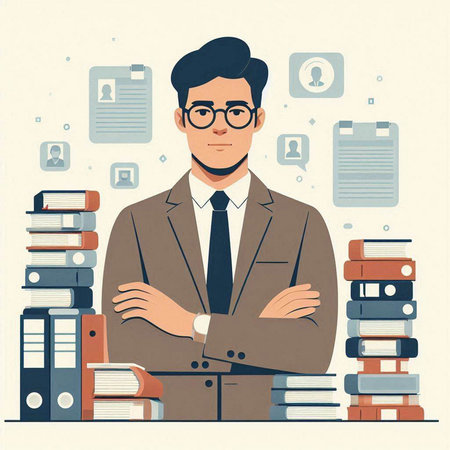 Businessman standing near piles of books. Vector illustration in flat styleのイラスト素材