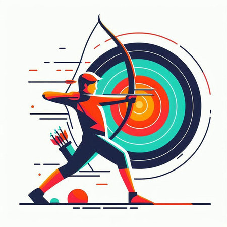 Archery sport flat vector illustration. Man in sportswear aiming at target with bow and arrow. Archery concept.のイラスト素材