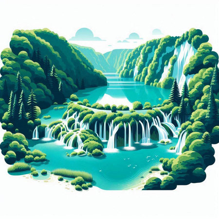 Waterfall in the forest. Waterfall in the mountains. Vector illustrationのイラスト素材