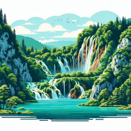 Waterfall in the forest. Waterfall in the mountains. Waterfall in the mountains.のイラスト素材