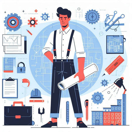 Engineer with blueprints and tools. Vector illustration in flat styleのイラスト素材