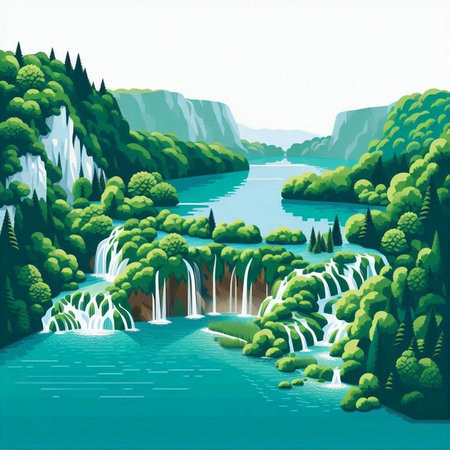 Waterfall in the forest. Landscape with waterfalls. Vector illustration.のイラスト素材