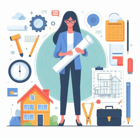 Architect woman working with blueprints. Vector illustration in flat styleのイラスト素材