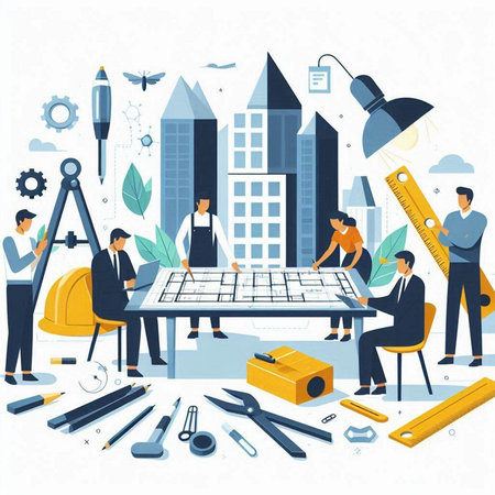 Architecture and construction concept. Engineer and architect people working on project. Vector illustrationのイラスト素材