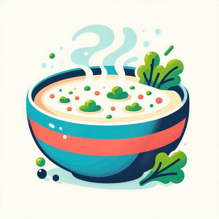 Vector illustration of a bowl of soup with green peas and herbs.のイラスト素材