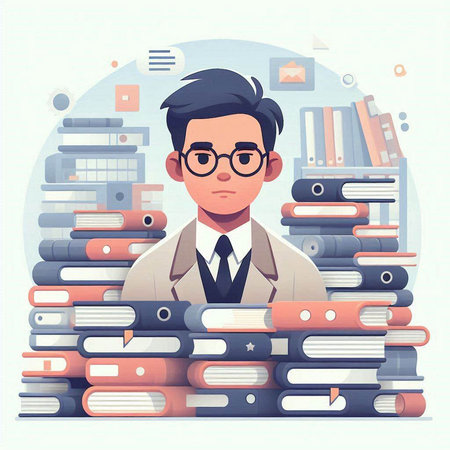 Businessman with a lot of folders. Vector illustration in flat styleのイラスト素材