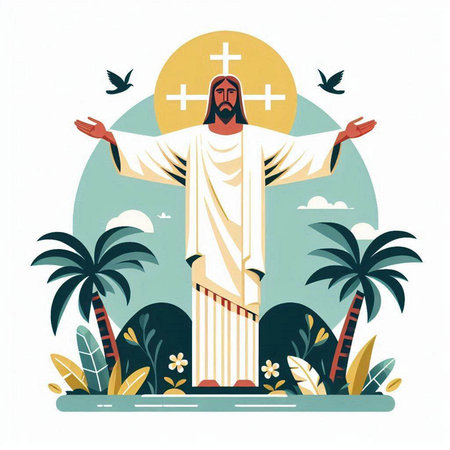 Jesus Christ on the background of palm trees. Vector illustration in flat style.のイラスト素材