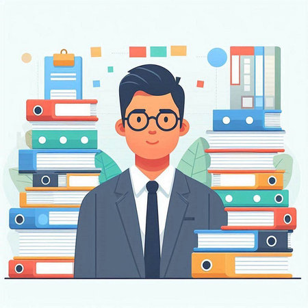 Businessman with pile of folders. Vector illustration in flat style.のイラスト素材