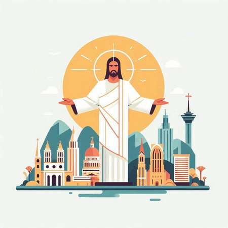 Jesus Christ on the background of the city. Vector illustration in flat styleのイラスト素材