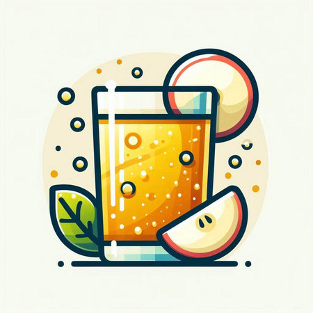 Vector illustration of glass of fresh apple juice with slice of apple and mint leaves.のイラスト素材