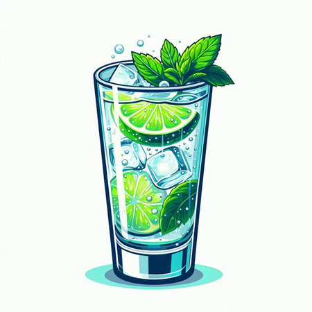 Mojito cocktail with lime, mint and ice. Vector illustration.のイラスト素材
