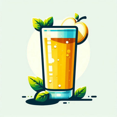 Orange juice in a glass with green leaves. Vector flat illustration.のイラスト素材