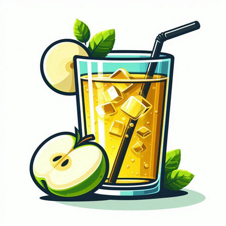 Glass of apple juice with ice cubes and fresh apples. Vector illustration.のイラスト素材
