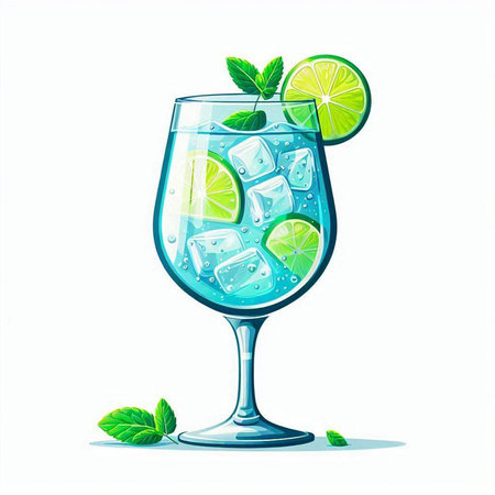 Cocktail with lime, mint and ice. Vector illustration.のイラスト素材