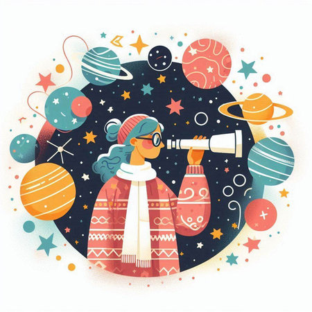 Cute girl looking through telescope in outer space. Vector illustration.のイラスト素材