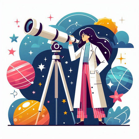 Astronaut woman looking through telescope. Vector illustration in flat styleのイラスト素材