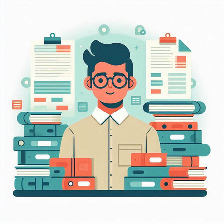 Flat design vector illustration concept of office life. Businessman standing at the table full of documents.のイラスト素材
