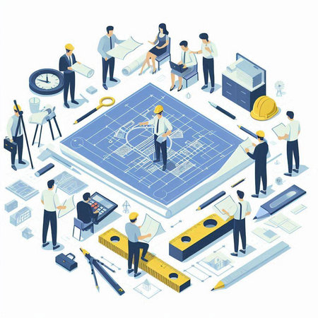 Architectural project isometric composition with drawing tools and engineers vector illustrationのイラスト素材