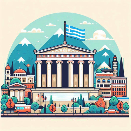 Welcome to Athens, Greece. Vector illustration in retro style. City landscape.のイラスト素材