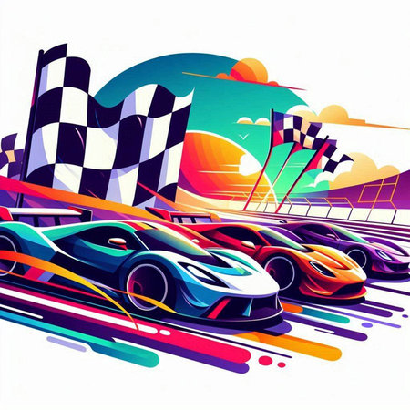 Race cars on the background of the city. Colorful vector illustration.のイラスト素材
