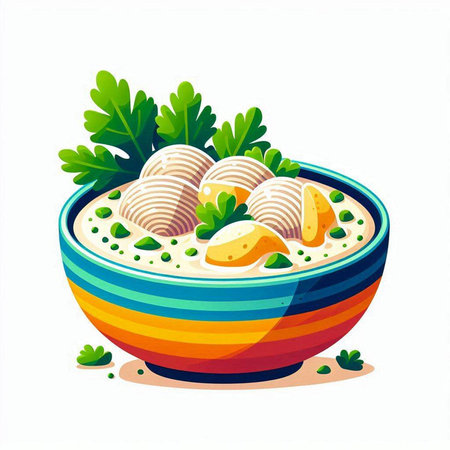 Bowl of soup with dumplings and parsley. Vector illustration.のイラスト素材