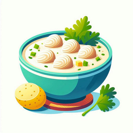 Creamy soup with dumplings in a bowl. Vector illustration.のイラスト素材