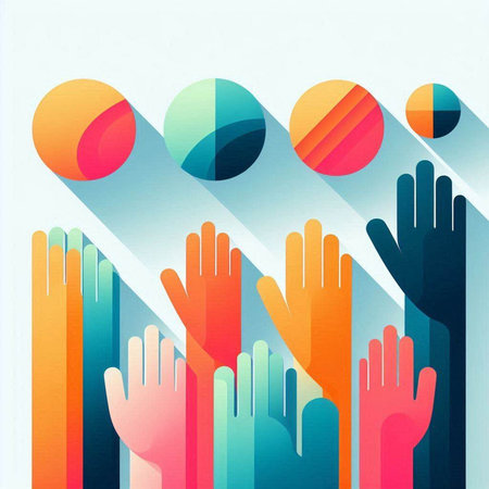 Colorful hands of business people on abstract background. Vector illustration.のイラスト素材