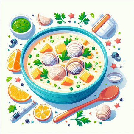 Vector illustration of a bowl of soup on a white background with ingredients.のイラスト素材