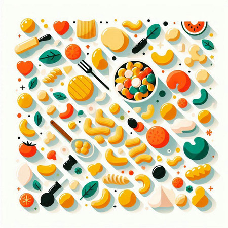 Illustration of a set of different types of pasta and vegetables.のイラスト素材