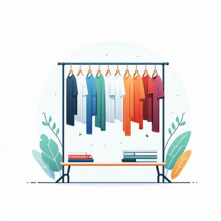 Clothes hanging on the rack. Vector illustration in flat style.のイラスト素材