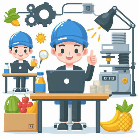 Cartoon character design illustration of a man working on a laptop at his desk.のイラスト素材