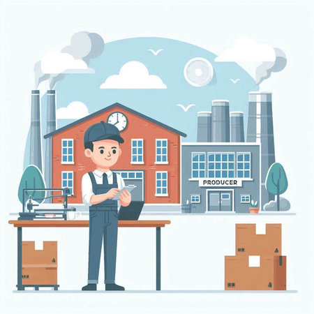 Worker in uniform standing near the factory. Vector illustration in flat styleのイラスト素材