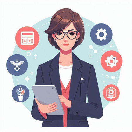 Business woman with tablet. Vector illustration in a flat style on white background.のイラスト素材
