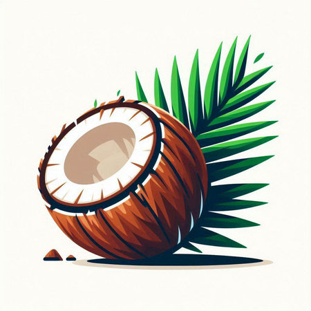 Coconut with palm leaf on white background. Vector illustration.のイラスト素材