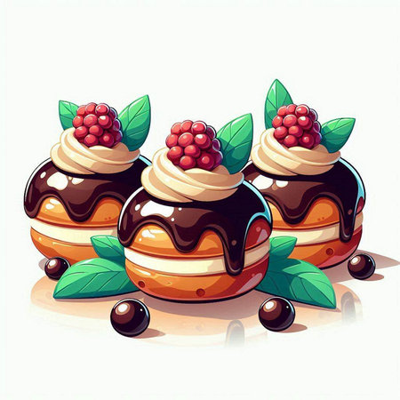 Illustration of a set of chocolate cakes with cream and berries.のイラスト素材