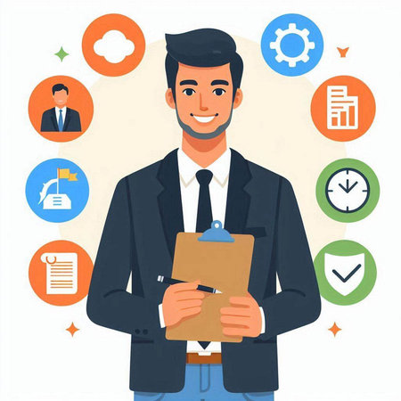 Businessman with clipboard and icons. Vector illustration in flat style.のイラスト素材